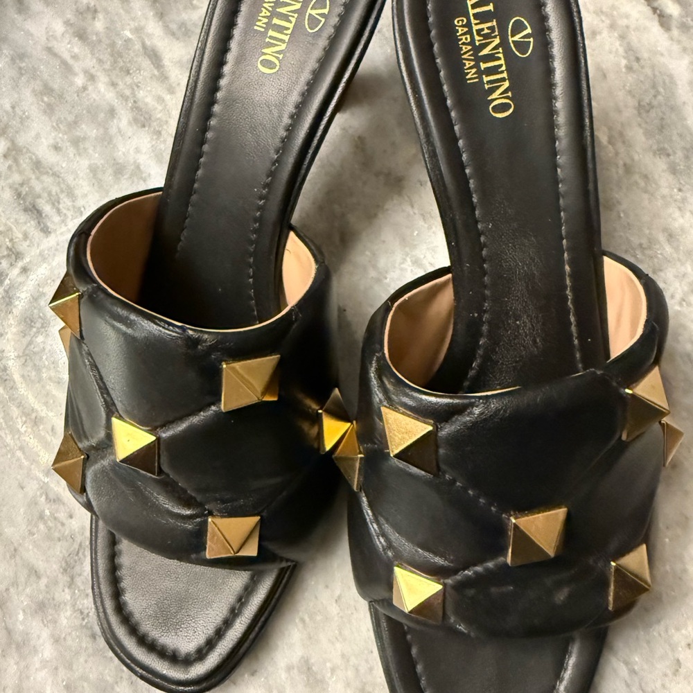 Valentino Garavani Black Mules with Gold Pyramid Studs